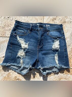 High-Rise Distressed Denim Jean Shorts - Dark Blue
